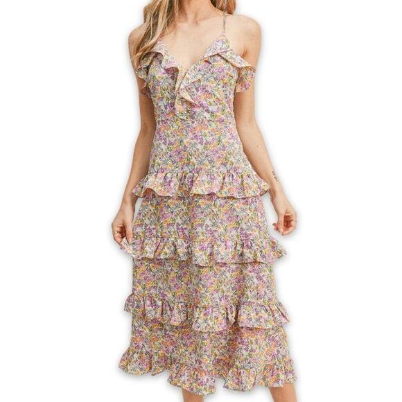 Lush Dresses & Skirts - Lush Maxi Sundress Boho Tiered Ruffle Adjustable Straps Yellow/Lavender W L NWT